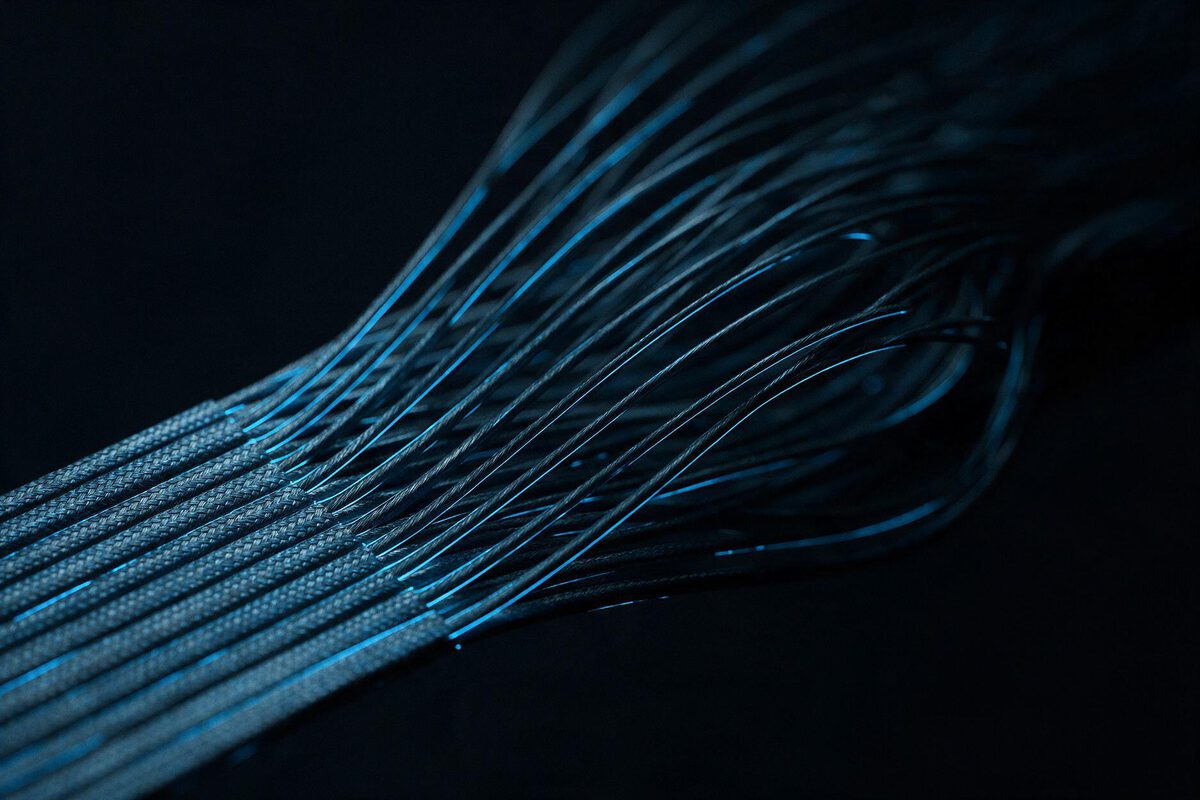 Macro study of a fibre optic ribbon cable fanning out into individual strands