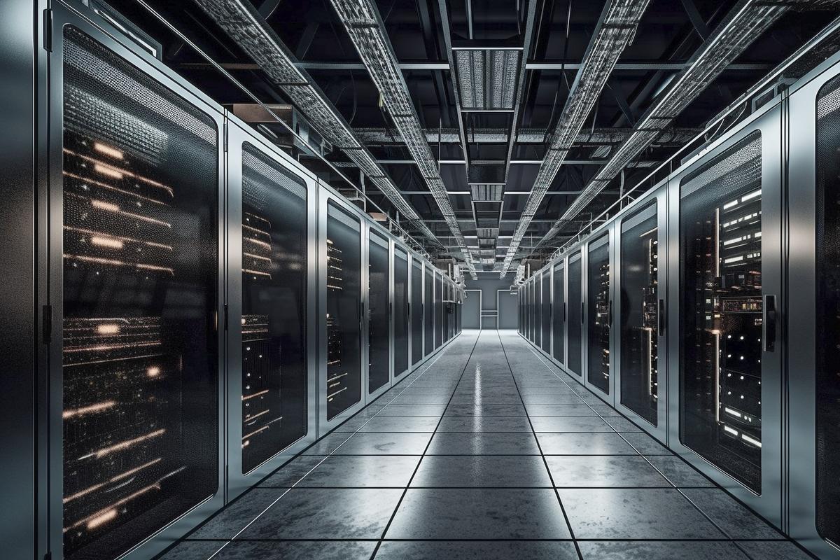 Rows of illuminated server racks in a data center corridor.