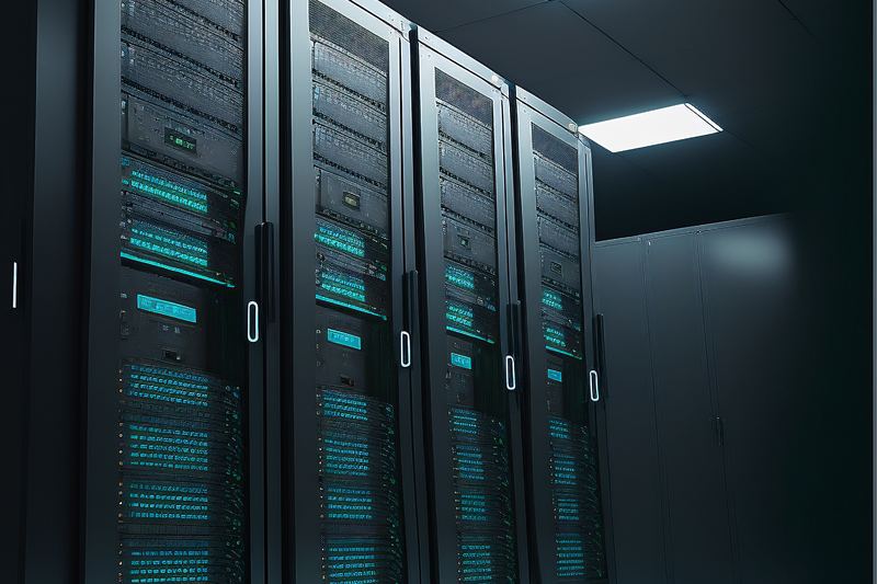 Overhead view of a data center floor plan with rack layout markups.