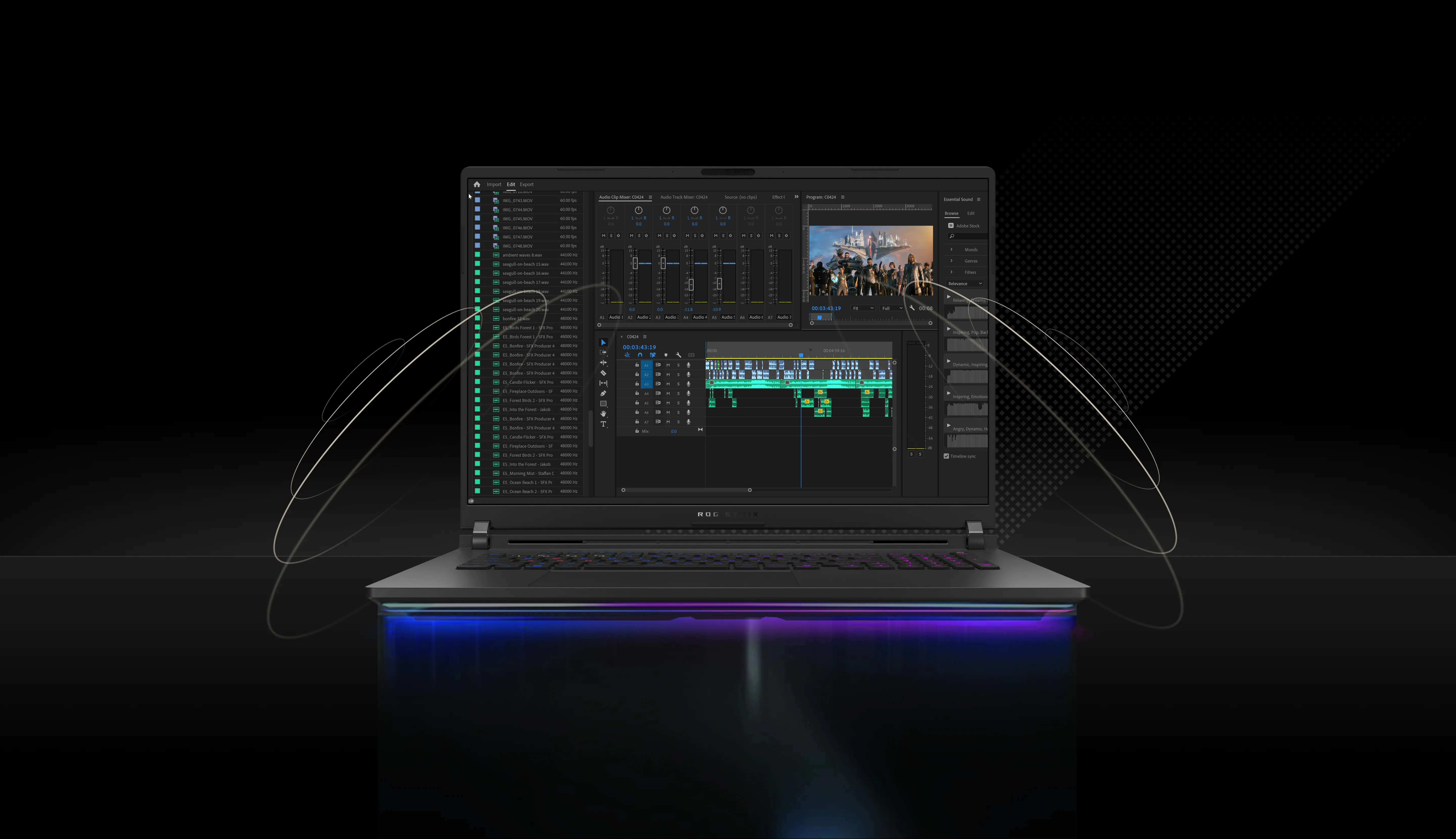 Front view of the ROG Strix SCAR 18 with Dolby Atmos speakers for immersive audio and clear communication.