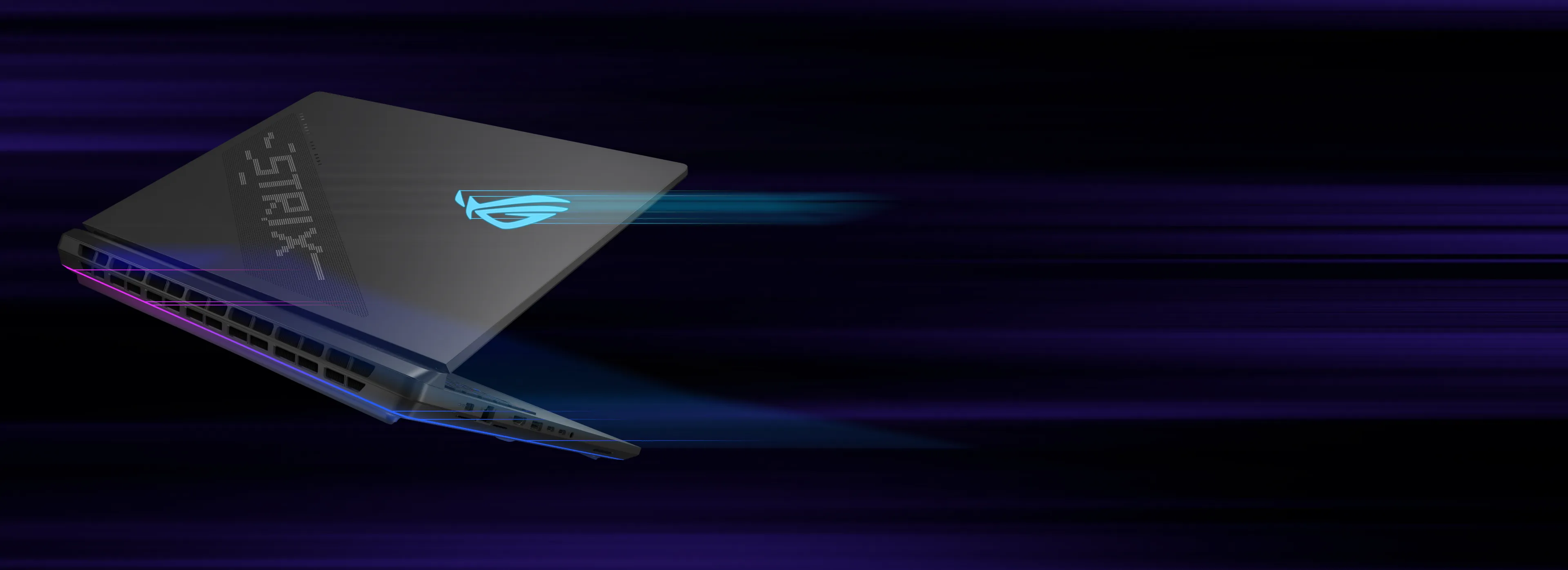 Angled view of the ROG Strix SCAR 18 with 90Wh battery for long-lasting performance and USB-C charging.