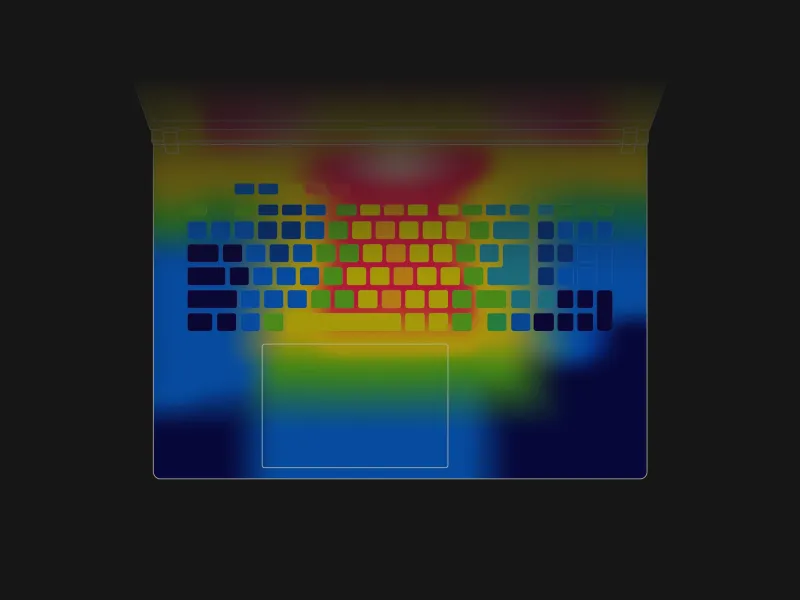 Thermal map of keyboard illustrating CoolZone design for lower surface temperatures and enhanced gaming comfort.