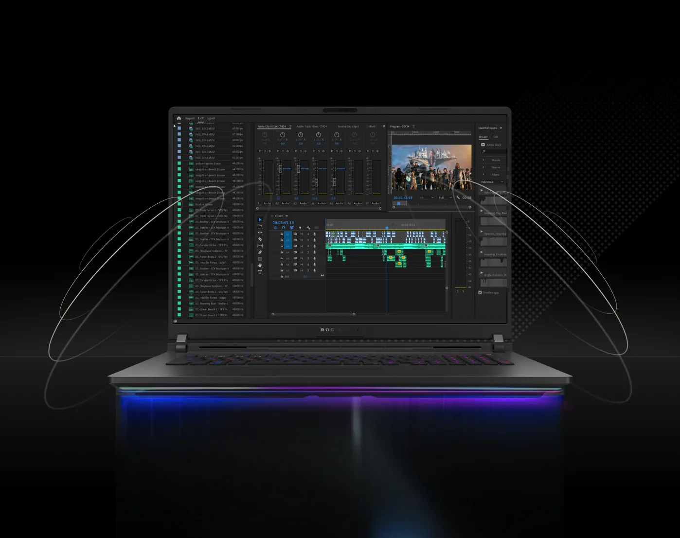 Front view of the ROG Strix SCAR 18 with Dolby Atmos speakers for immersive audio and clear communication.
