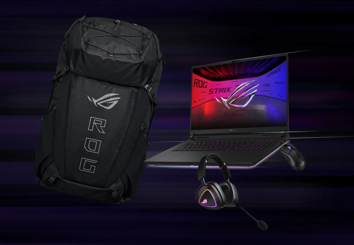 ROG gaming peripherals including backpack, headset, and laptop for a complete battlestation setup.