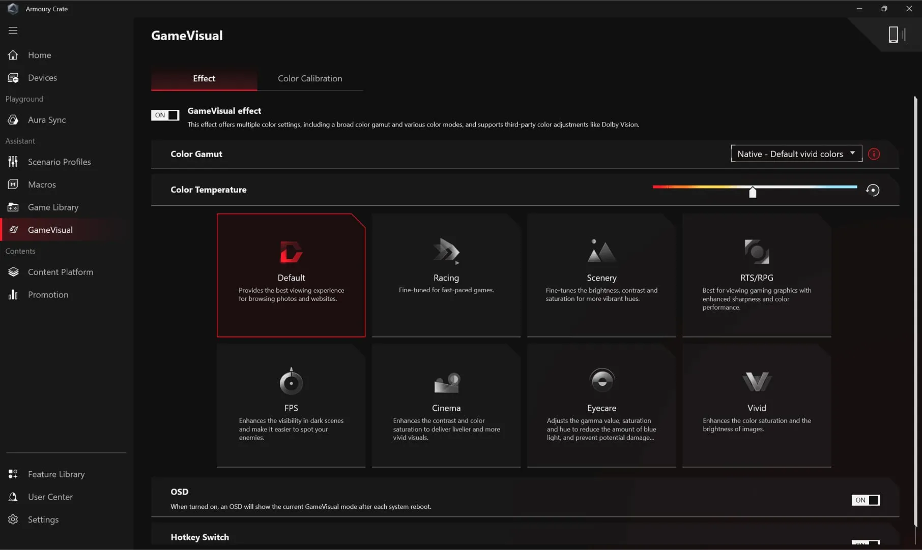 ROG GameVisual interface with preset display modes for optimized gaming visuals.