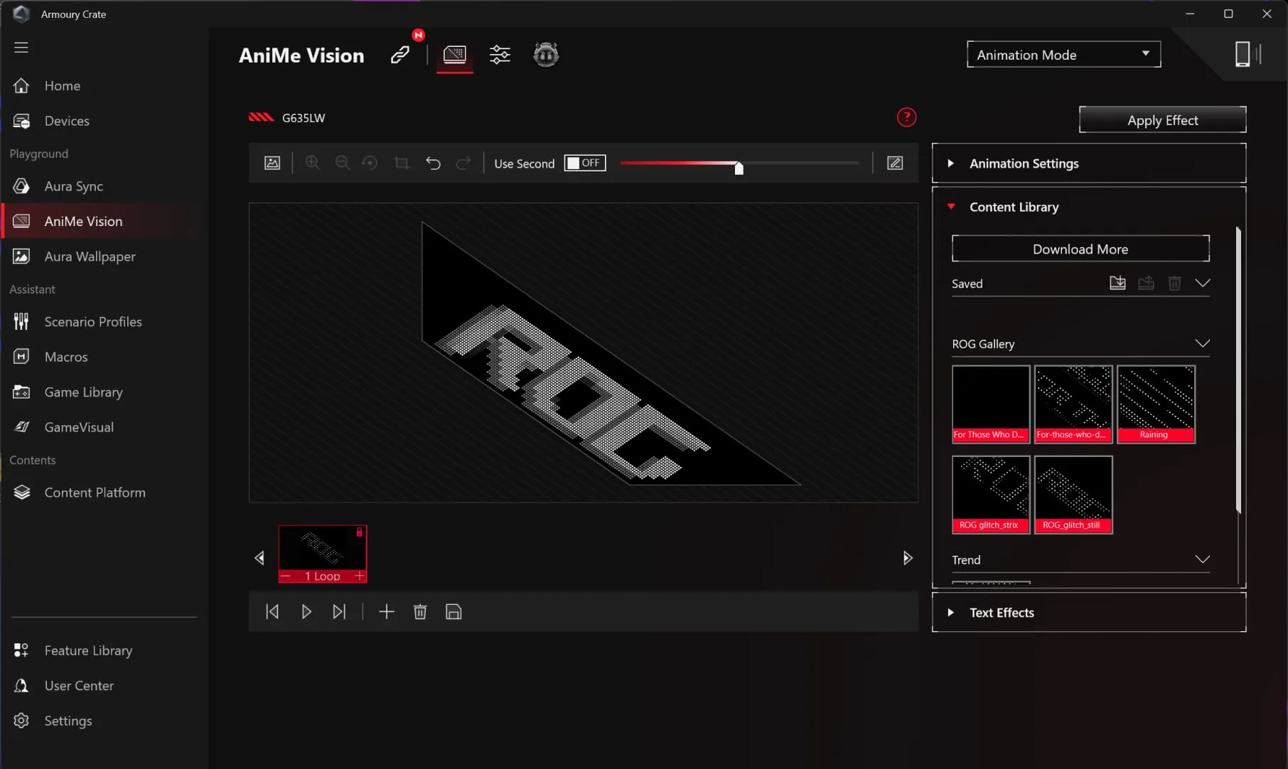 User interface for customizing AniMe Vision lighting and animations.