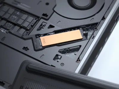Internal view of PCIe Gen5 SSD with copper heatsink for faster storage performance and improved thermal efficiency.